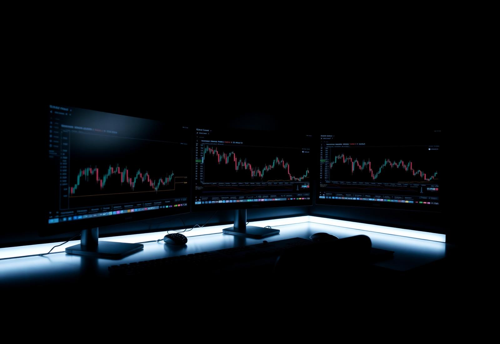 Dark professional trading desk with candlestick charts on three monitors